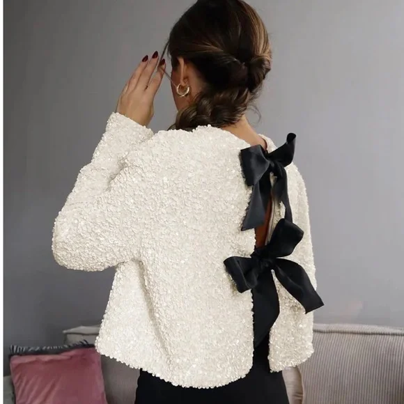 NWT Commense Cream Sequin Black Ribbon Bow Cardigan Jacket - Picture 2 of 14